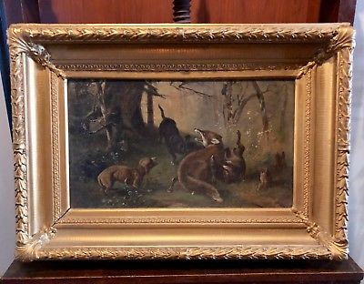 Karl (Carl) Reichert Victorian Oil Painting Fox Hunt with Dogs Original Frame