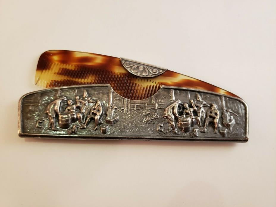 Antique VINTAGE Silver Plated Signed 90 S & F Embossed Pattern Hair comb Case