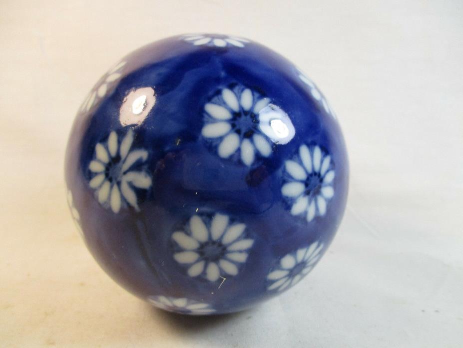 Vintage Scottish Ceramic Cobalt Blue & White Floral Design Carpet Ball #CP2