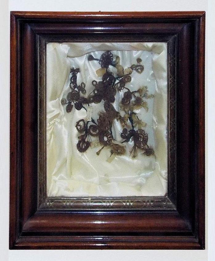Antique Victorian Mourning Art.  Shadowbox with Hair Wreaths.