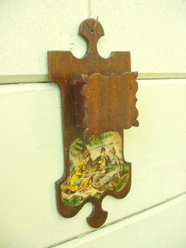 1800s Hand Made Mahogany Hanging Match Holder with Victorian Print Decoration