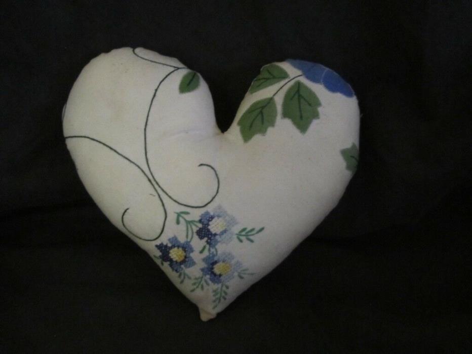 Primitive    Heart Pillow - vintage linen tablecloth - blue flowers - 23