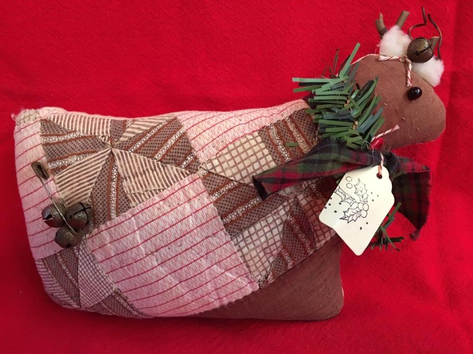Primitive handmade Reindeer pillow friom Vintage Quilt~farmhouse Christmas~OOAK