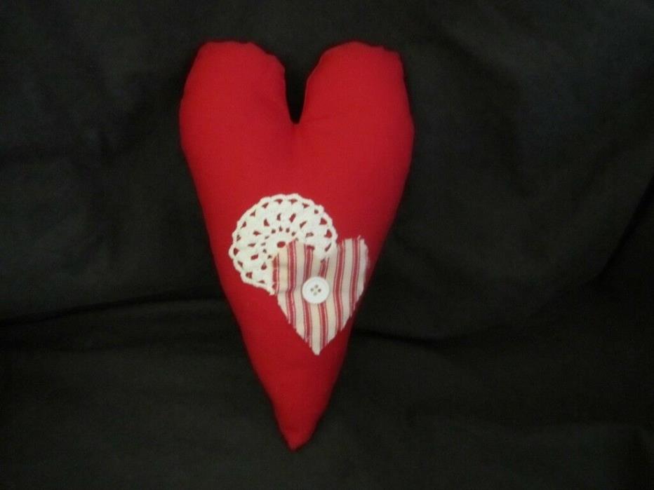 Primitive    Heart Pillow - doily, heart, button  - hanger - Valentine - red