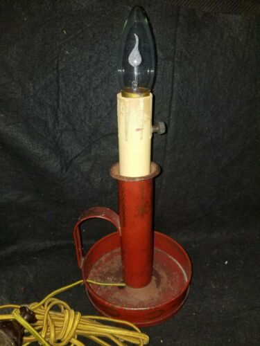 ANTIQUE RED TOLE GOLD DECORATED CANDLESTICK LAMP ELECTRIFIED ANTIQUE WIRING