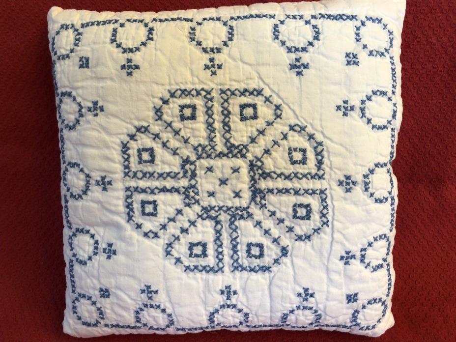 Prim Quilt Pillow/Vintage Cross stitch~Farmhouse, Cottage Chic, White/Navy, OOAK