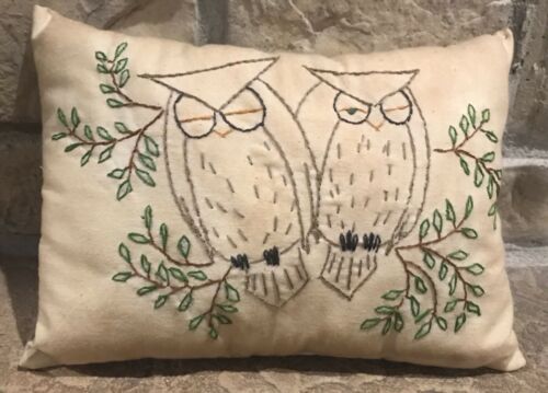 Very Primitive Made Hand Embroidered “Two Wise Owl’s” Shelf Pillow