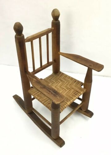 Antique Doll Size Miniature Rocking Chair with Woven Seat - 