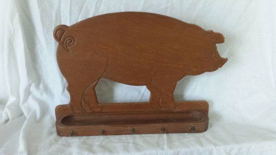 Vintage Primitive Pine Piggy Hook Board and Key Catch All