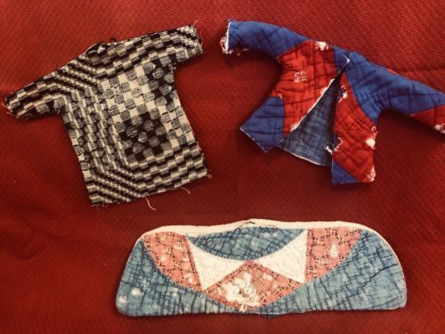 3 Santa, snowman, coats cut from vintage quilts and need to be finished~crafts