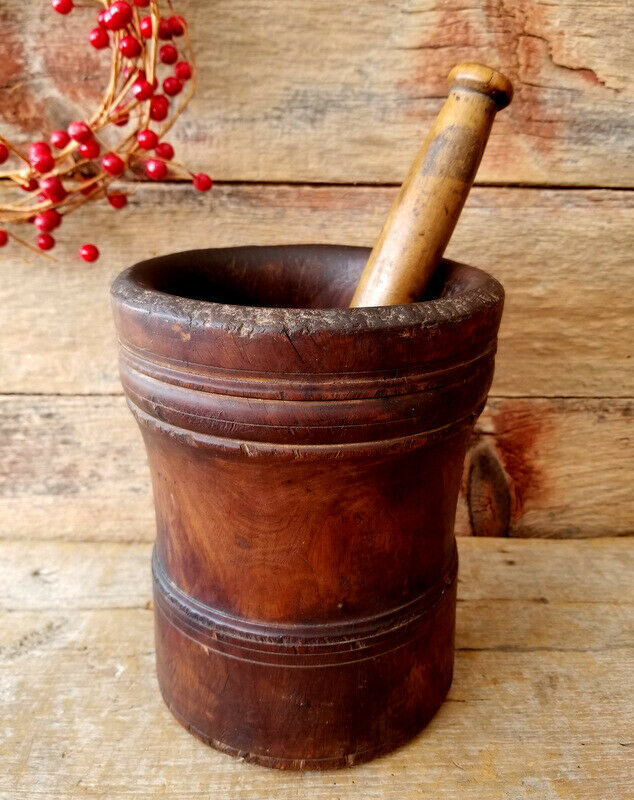 Antique Mortar Pestle Early 1800's Handmade Turned Wood LIGNUM VITAE & Maple