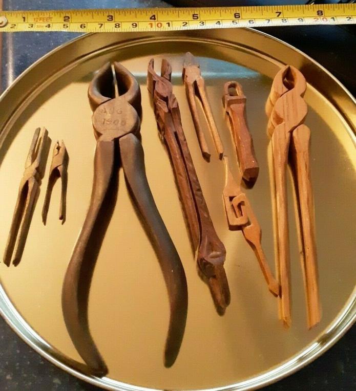 Antique Folk Art Hand Made Carved Wood Pliers and Miniature Tools Very Cool!