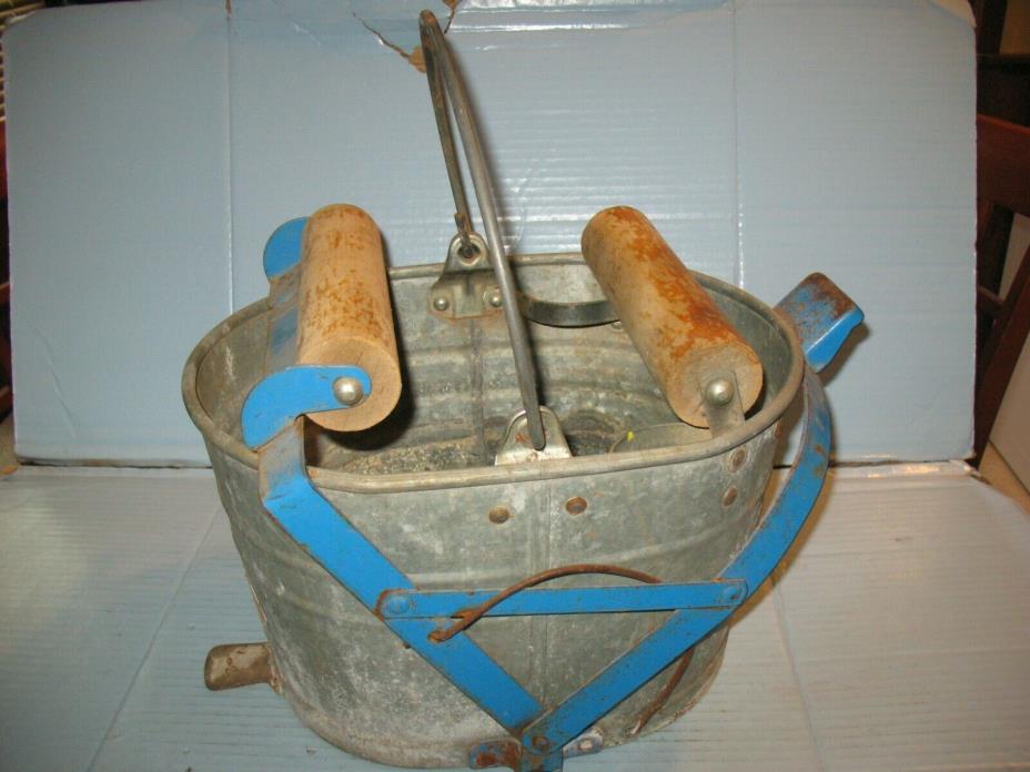 Antique Vintage White Brand Metal Wringer Mop Bucket