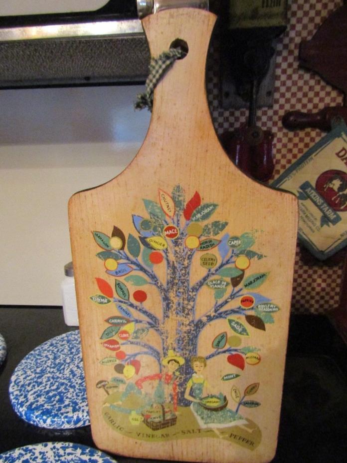 WONDERFUL OLD VINTAGE CUTTING BOARD-WHALE TAIL-TREE W/SPICE NAMES ON LEAVES