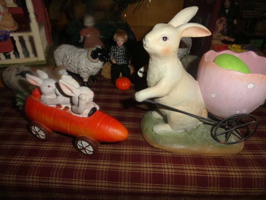 primitive easter decoration figures lot of 2 bunny carrot car..etc