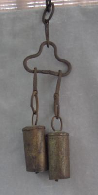 Set of 2 Hand Made Bells Antique Primitive cow bells on metal yoke