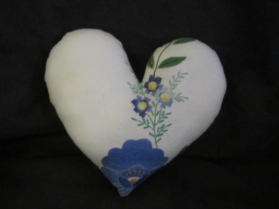 Primitive    Heart Pillow - vintage linen tablecloth - blue flowers - 23a