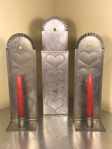 Punched Tin Wall Mount Candle, Long Matchstick Holder Heart Pattern Red Candle