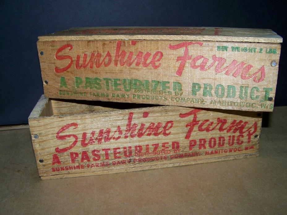 ANTIQUE PRIMITIVE WOOD SUNSHINE FARMS MANITOWAC WIS CHEESE BOX FARM PATINA OLD