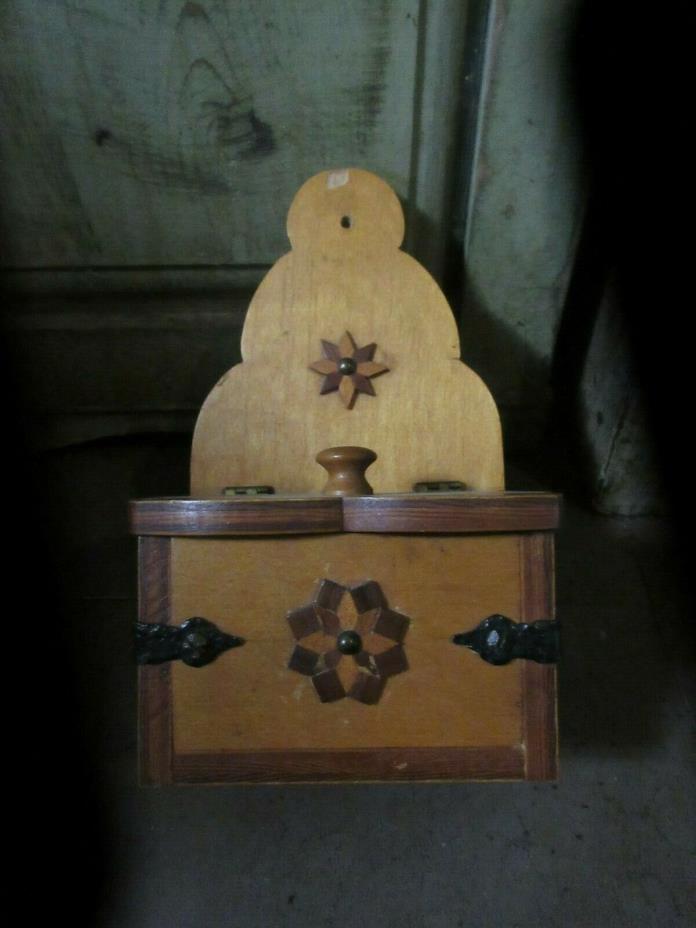 Vintage Folk Art Hand Made Wooden Spice Box - Wall Hanging IRON INLAID