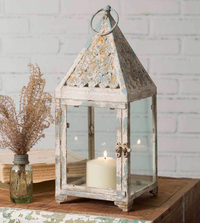 SALE /Country new Tiffany distressed tin /glass square candle Lantern