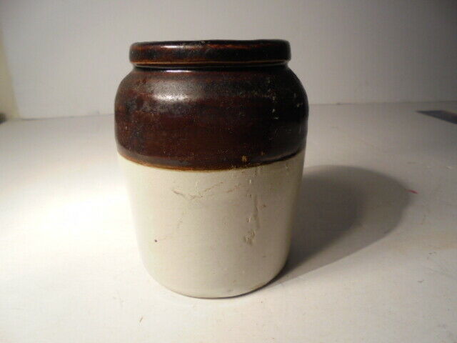 Primitive Antique Vtg Style Mini 2 Tone Pottery Stoneware Crock 4-3/4