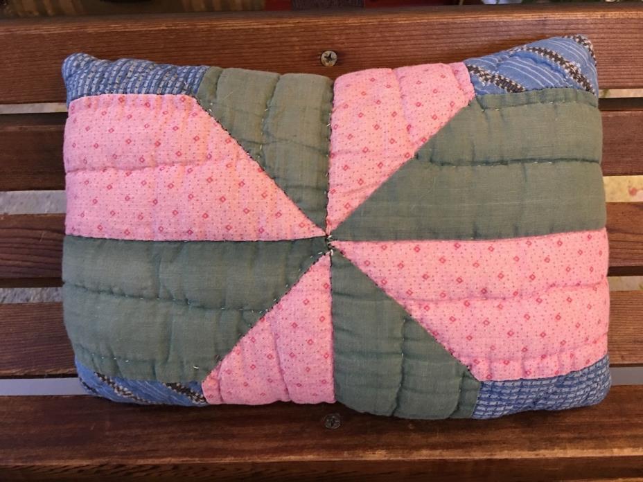 Primitive handmade OOAK vintage quilt pillow~Patchwork bubblegum pink?, green
