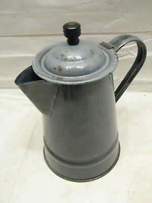 Early Primitive Gray Agate Enamel Ware Coffee Pot Pitcher Camping Fire w/Lid
