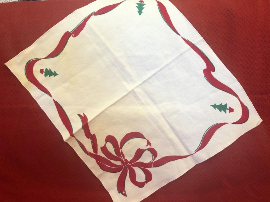 Vintage Christmas Cotton Napkin features trees, ribbon trim and large bows~white