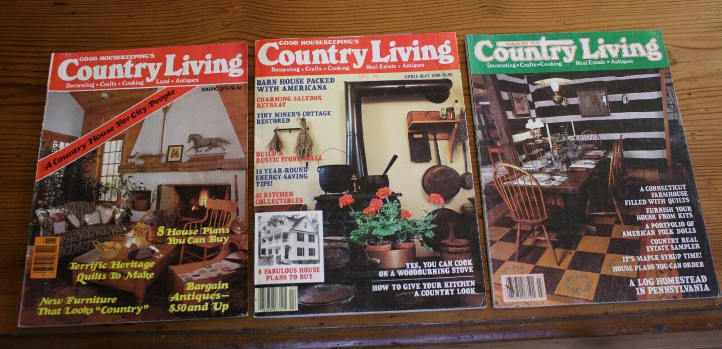 VINTAGE COUNTRY LIVING MAGAZINES,  SEVEN BACK ISSUES, 1970'S, 80'S, SPRING