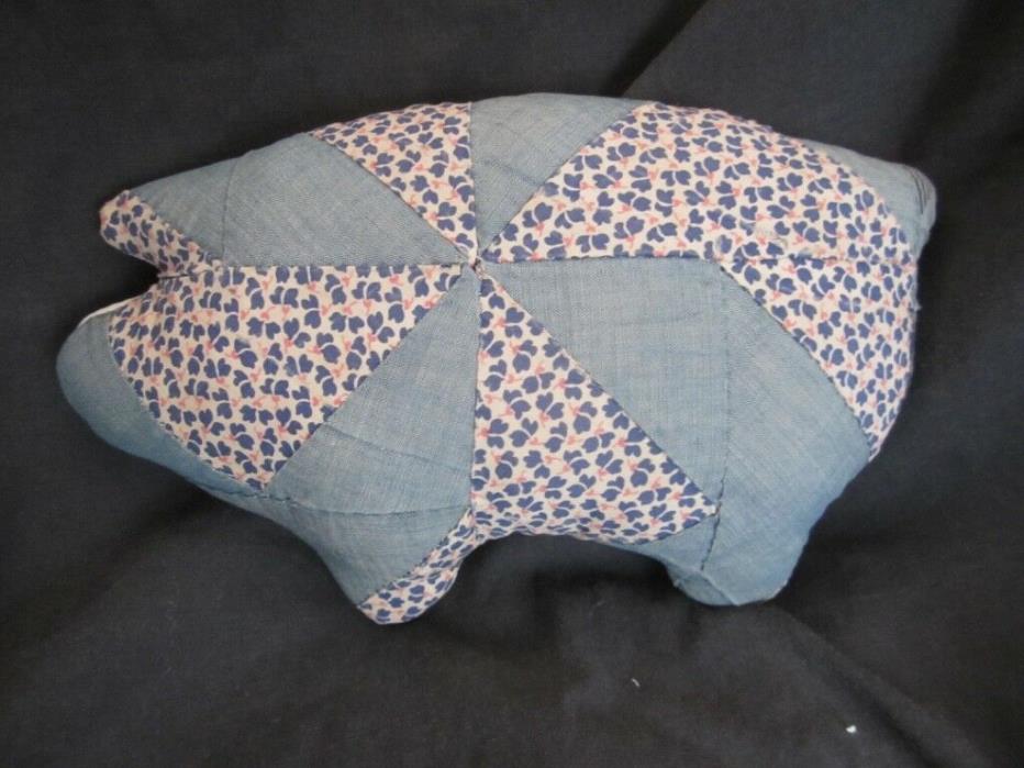 Primitive Pig Doll - Quilted - vintage quilt - blue/pink/white - 22