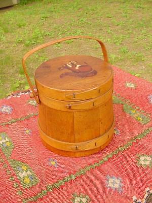 Early 1900s MINI FIRKIN SUGAR BUCKET ~ Carved & Painted Folk Art Squirrel