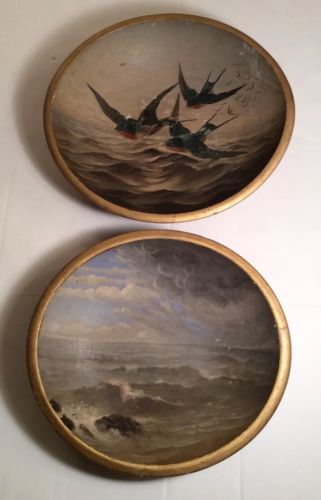 ANTIQUE PRIMITIVE ART WOODEN BOWL HAND PAINTED SCENE Sparrows & Ocean Scenery