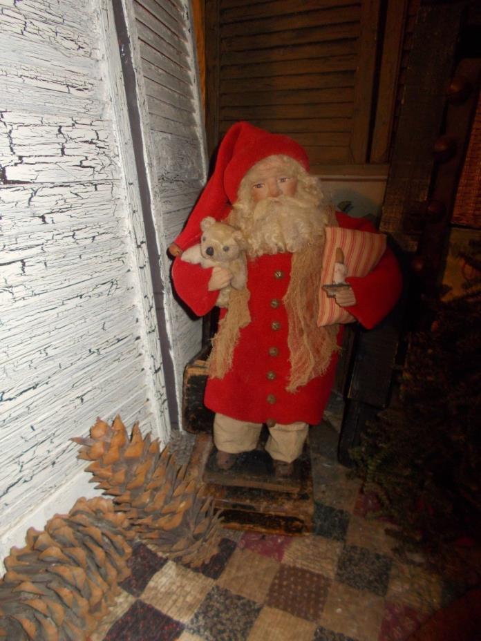 Primitive santa claus,ticking fabric, primitive bear, Handmade