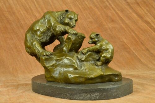 SIGNED BRONZE STATUE MOTHER BEAR PLAYING WITH HER CUB SCULPTURE FIGURINE FIGURE