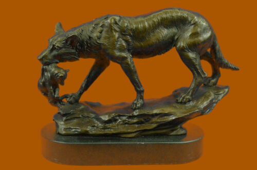 100% Bronze Howling Wolf With Cub Bronze Sculpture Marble Statue Figurine Gift
