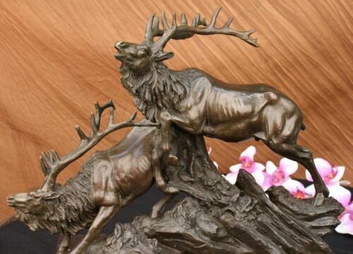 Mountain Lodge Ski Chalet Art Elk Deer Stag Buck Hunter Bronze Marble Statue Art