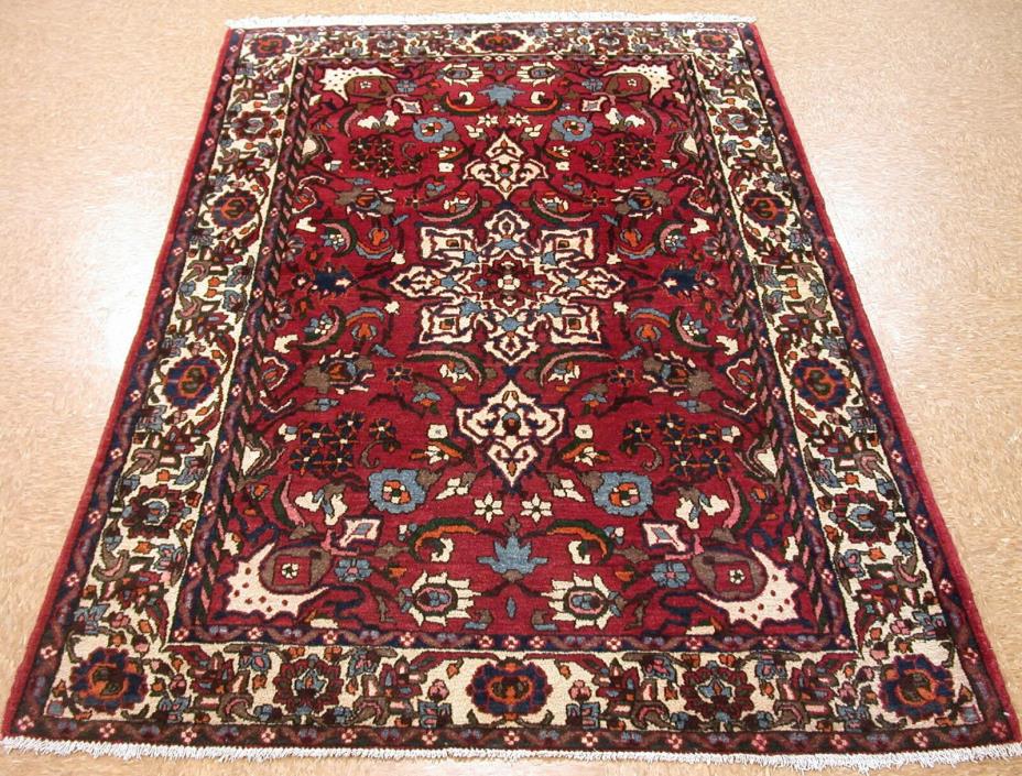 Persian Rug Isfahann Floral Hand Knotted Wool Red Ivory Blue Oriental 5 x 7