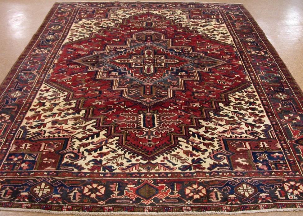 Persian Heriz Rug Tribal Hand Knotted Wool RED NAVY BLUE Oriental 8 x 11