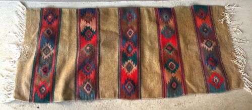 Vintage Mexican Handmade Rug Runner 26 X 58 Tribal Pattern Tan