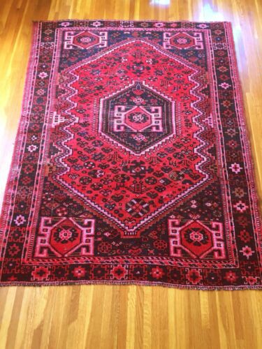 Authentic Hand Knotted Vintage Persian Wool Area Rug 4’6”x6’2” Red Navy