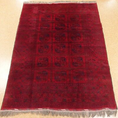 Afghan Turkmen Tribal Hand Knotted Wool RED NAVY Vintage Oriental Rug 7 x 9