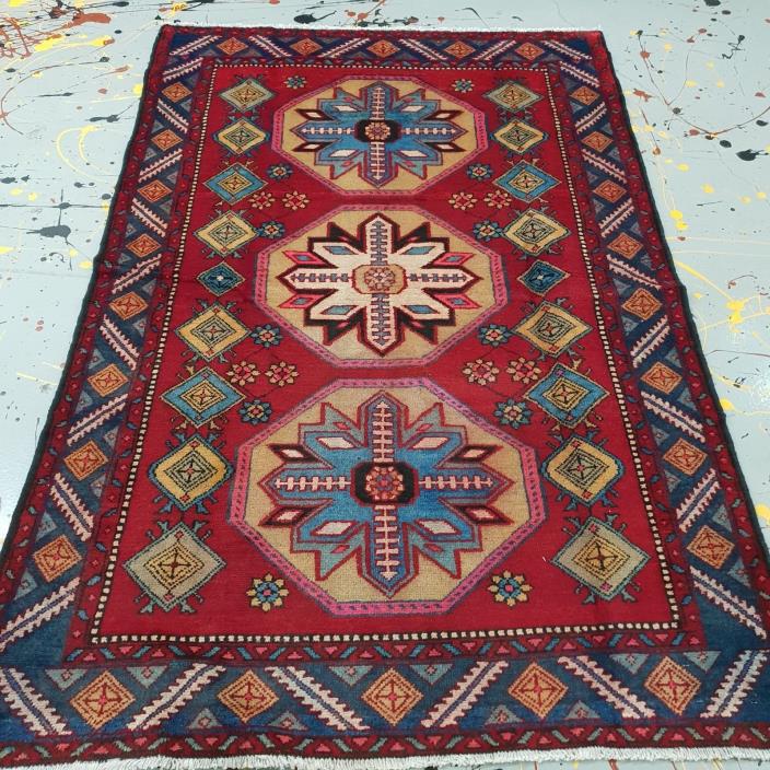 4.30ft × 6.56ft Antique Persian Rug Hand-Knotted ,Red Vintage Geometric Rug