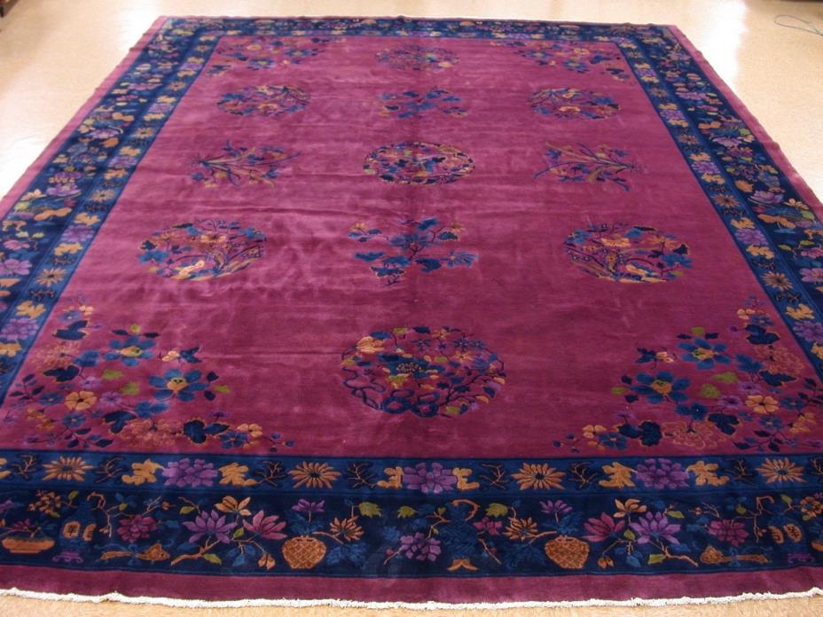 Chinese Rug ART DECO Hand Knotted Wool Red Blue Antique Oriental Carpet 12 x 18