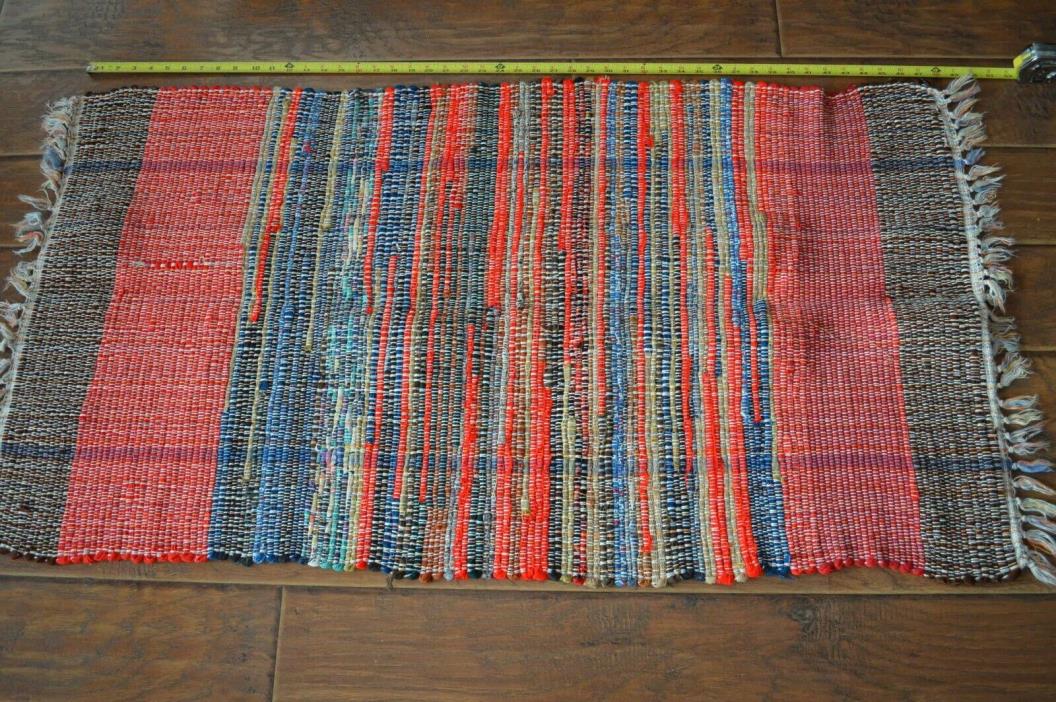 VINTAGE COLORFUL WOVEN RUG,26 X 52,RED & NAVY BLUE DESIGN,EXCELLENT CONDITION