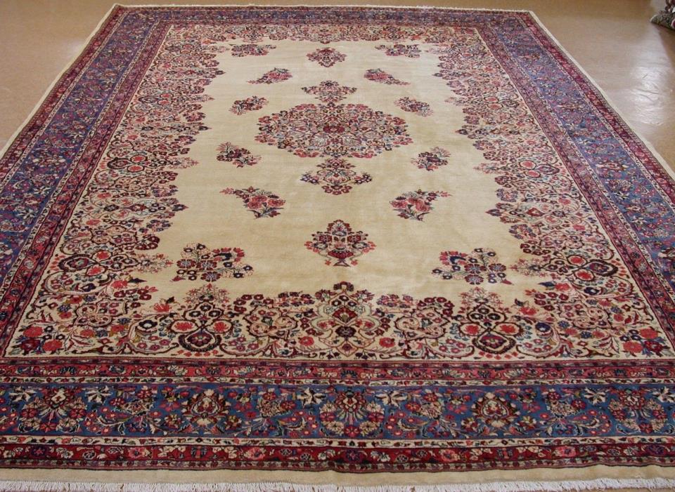 Persian Rug SAROUK Hand Knotted Wool Floral IVORY BLUE Oriental Carpet 12 x 17