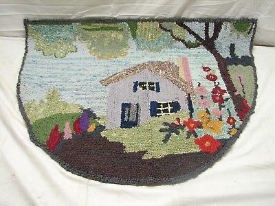 Vintage Hooked Rug Art Kitchen Mat Hand Made Floral Cottage Cabin Garden Runner