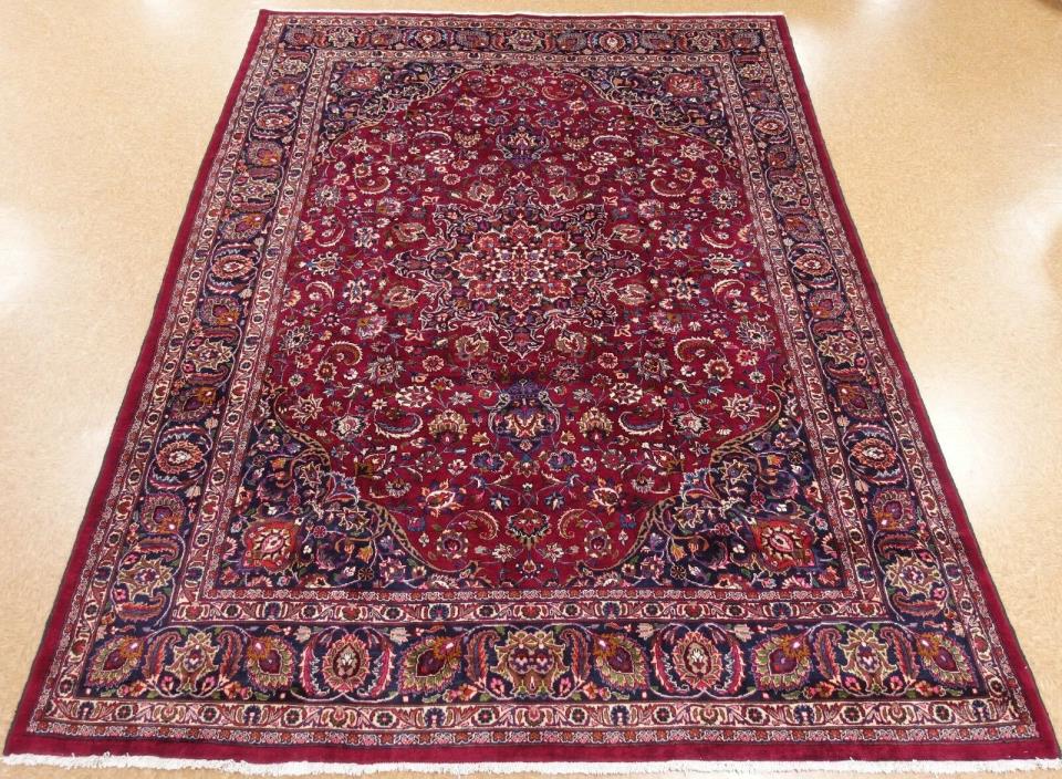 Persian Rug Mashadd Hand Knotted Wool Plum Red Navy Blue Oriental Carpet 9 x 12