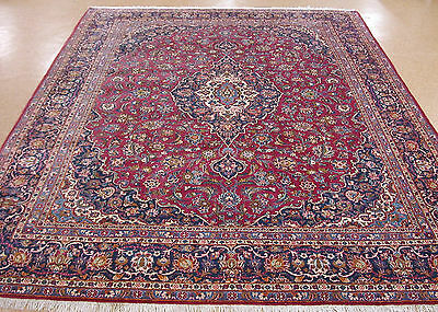 Persian Rug Kashann Hand Knotted Wool PLUM RED NAVY Oriental 10 x 13