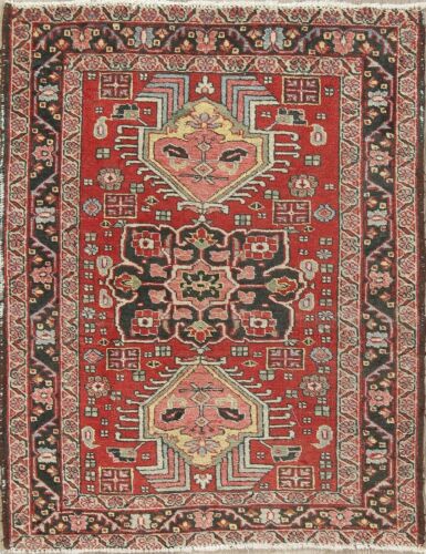 Antique Old Geometric Red Heriz Persian Oriental Hand-Knotted Wool Rug 3x4